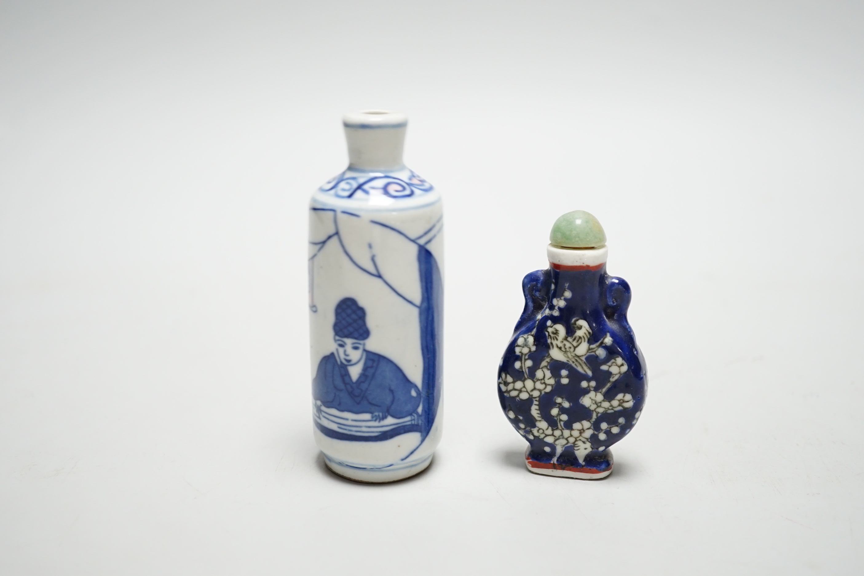 Two Chinese snuff bottles, a porcelain mounted white metal box, mother-of-pearl counters etc